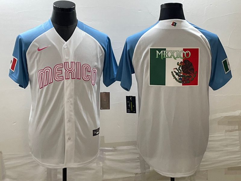 Men's Mexico Baseball 2023 White Blue World Baseball Big Logo Classic Stitched Jersey Men's Mexico Baseball 2023 White Blue World Baseball Big Logo Classic Stitched Jersey